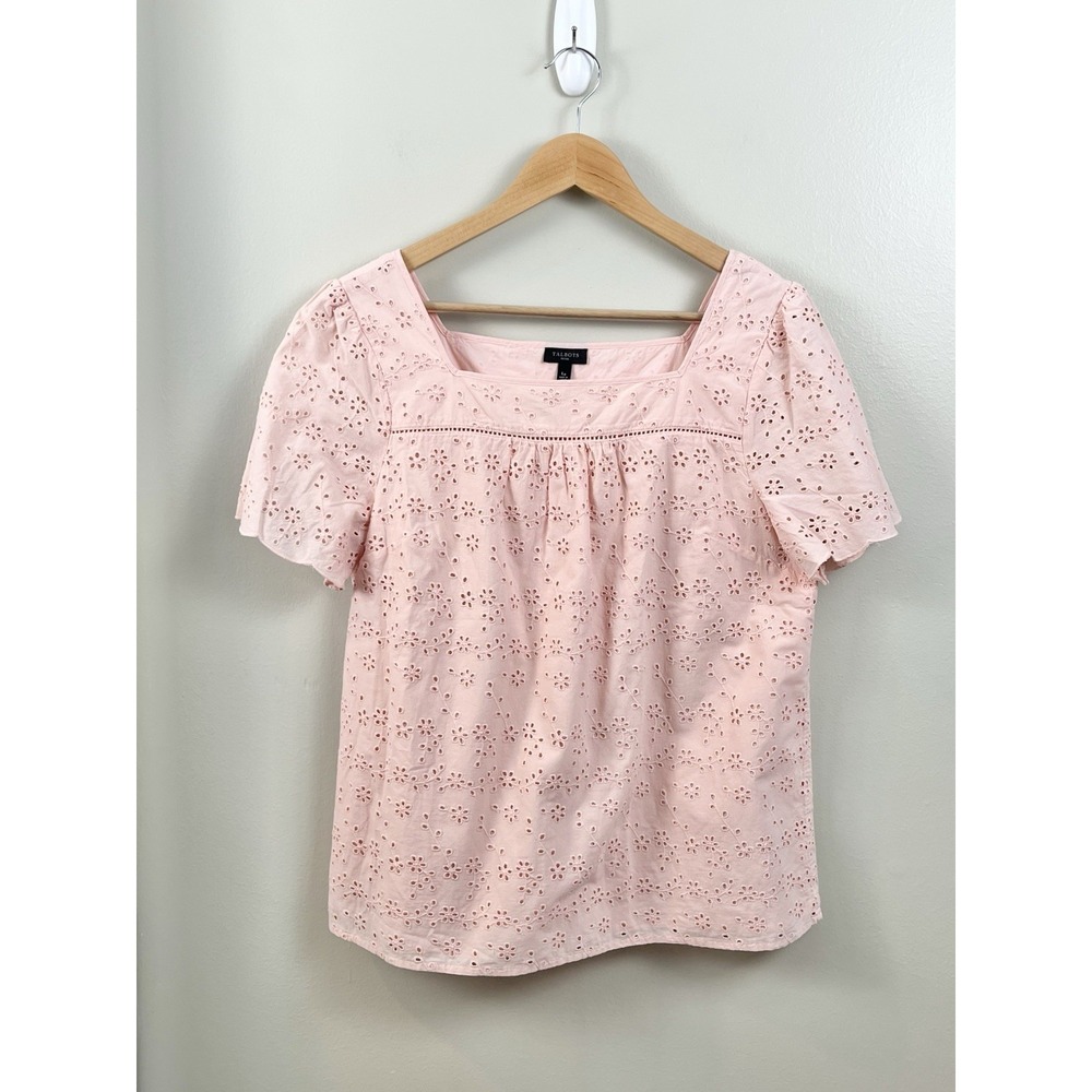 Talbots Women's Top Lg Petite Eyelet Pink Square Neck Cotton Cottage Core